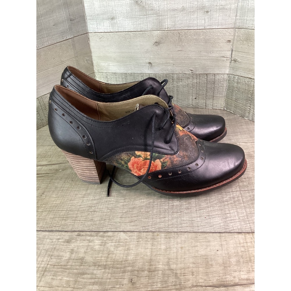 Spring Step LArtiste Women Black Leather Floral Wingtip Oxford Heels Size 40 - Picture 2 of 9